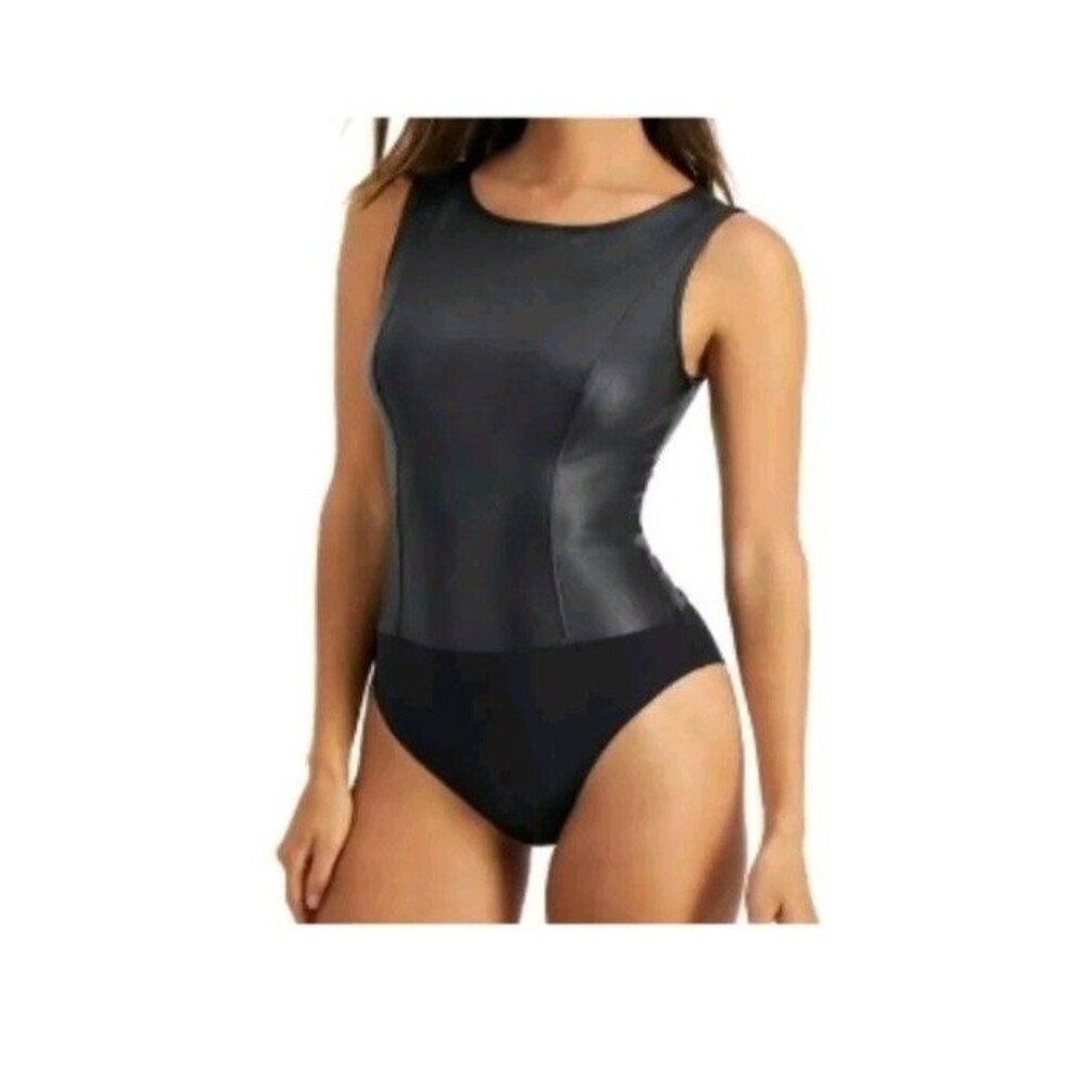 INC International Concepts Womens Sz L Black Faux Vegan Leather Bodysuit